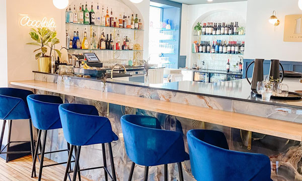 Bar with blue stools 