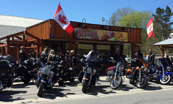 Rows of bikers outside the Scoops Ice Cream location