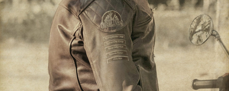 Ride the Highlands patch on leather jacket
